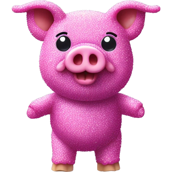 Pig made of sparkling purple sour candy laces and pink sweets standing covered in sugar  emoji