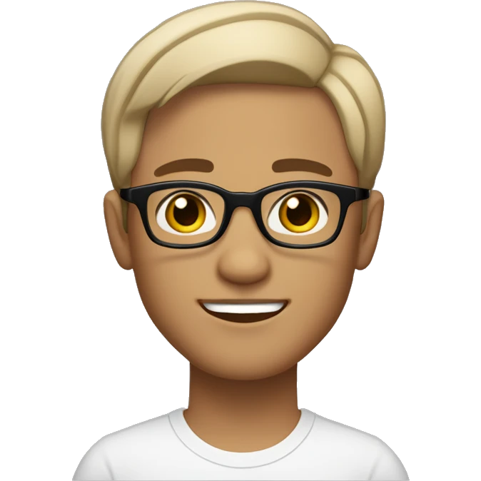 Skin Tone: Light-medium, Short hair wavy hair with a bit of volume on top
Eyebrows: Thick, dark eyebrows with a slightly curved shape.
Eyes: Medium-sized, dark brown eyes with a neutral expression.
Glasses: Black, rectangular glasses with a thin frame. emoji