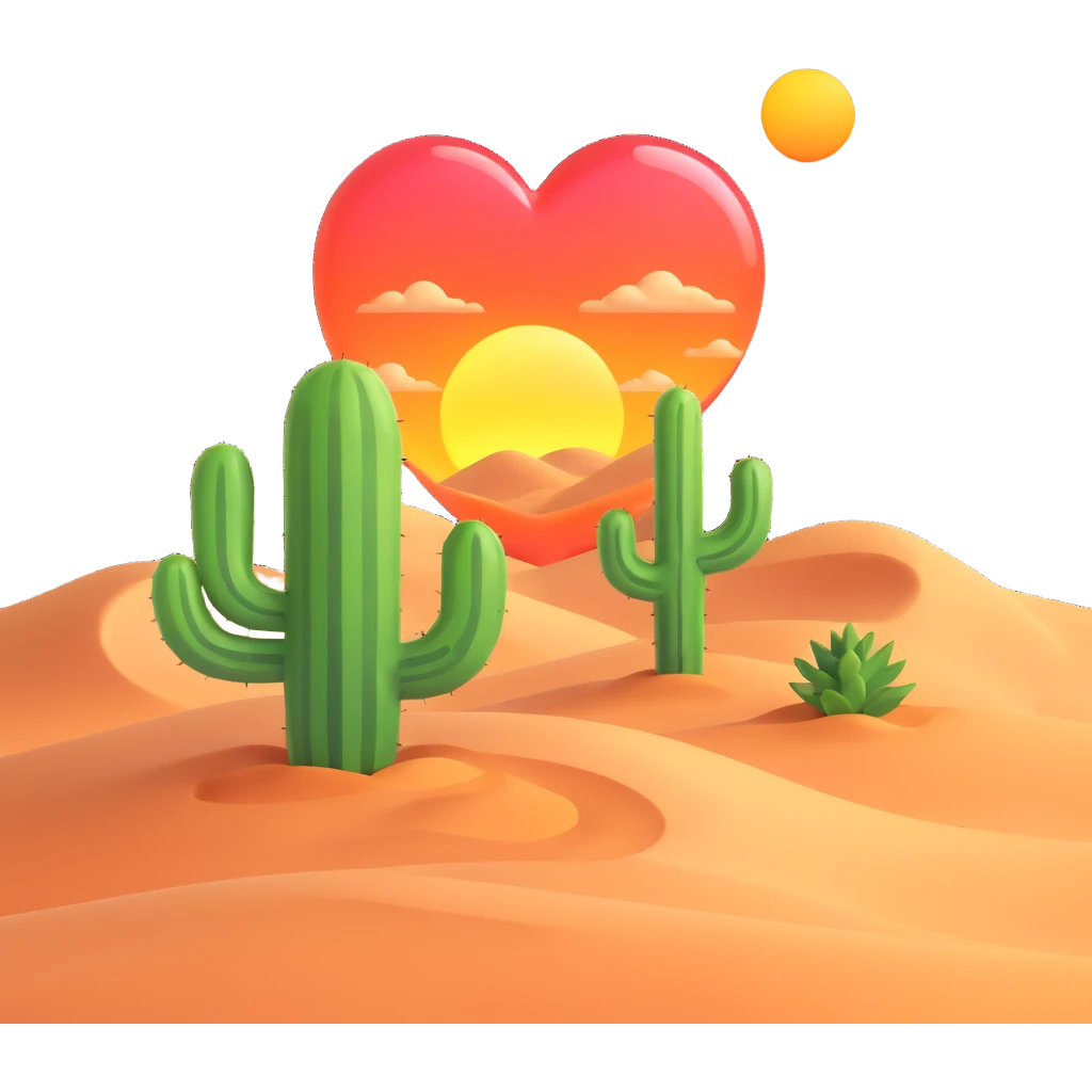 heart-shaped transparent emoji with a desert inside, showing sand dunes, a cactus, and a warm glow, glassy effect emoji