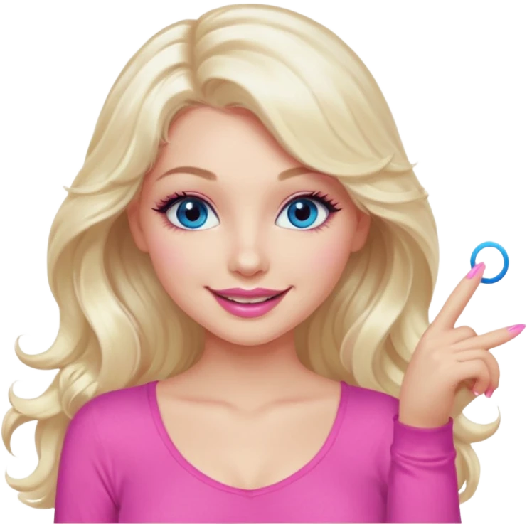 girl with long wavy platinum blonde hair,  blue eyes , long lashes, sexy pink lips, light to medium complexion, wearing a pink sexy top, smiling, finger tips touching emoji