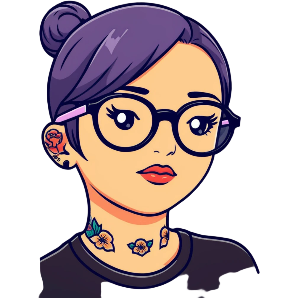 young girl with face tattoos wearing glasses emoji