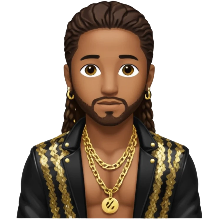 Omarion with long dark brown hair, black sequin jacket, shirtless with necklace emoji
