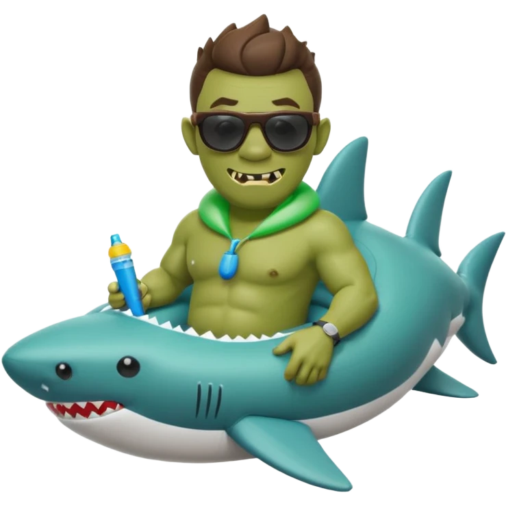 orc male sitting in an inflatable floatie shaped like a shark, wearing oversized sunglasses and a whistle on a neck cord, 2d emoji