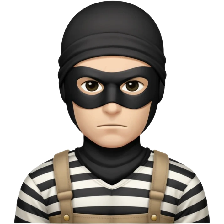 intimidating robber with strong expression, black mask around eyes, striped shirt, no weapons emoji