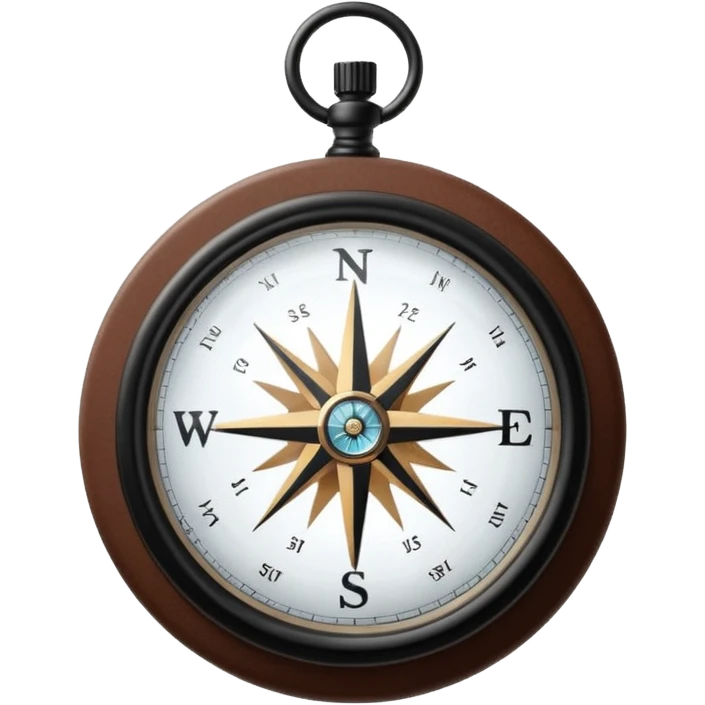Clear glass orb with black compass needle pointing right, suspended by thin brown leather cord, bright white glowing dial face with dark rim emoji