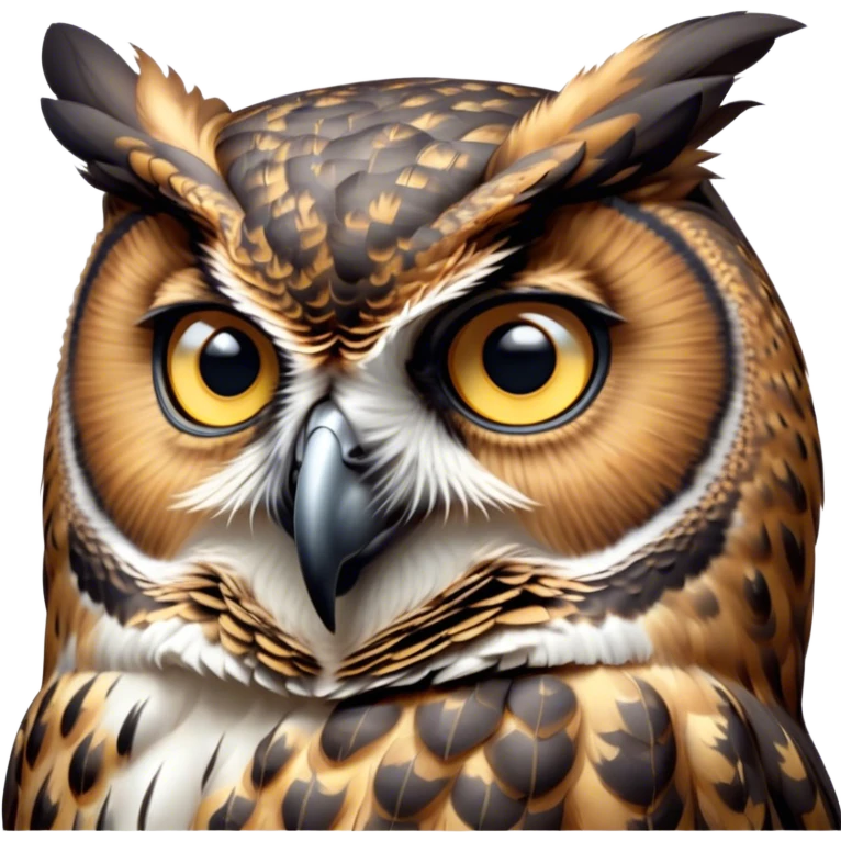 Cinematic Deep Thought Great Horned Owl Portrait Emoji, Head held high with a calm, reflective gaze, showcasing a beautifully mottled plumage and piercing golden eyes that seem to ponder the mysteries of the night, Simplified yet majestically refined features, highly detailed, glowing with a soft, contemplative light, high shine, poised and thoughtful, stylized with an air of profound introspection, capturing the essence of an owl deeply engaged in thought, so thoughtful it feels like it could silently share timeless secrets from beyond the screen! emoji