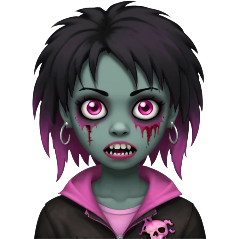 girl, zombie, black coily hair, medium long, emo, shaggy, dark, spooky, piercing on eyebrow, pink teeth, creepy blank expression emoji