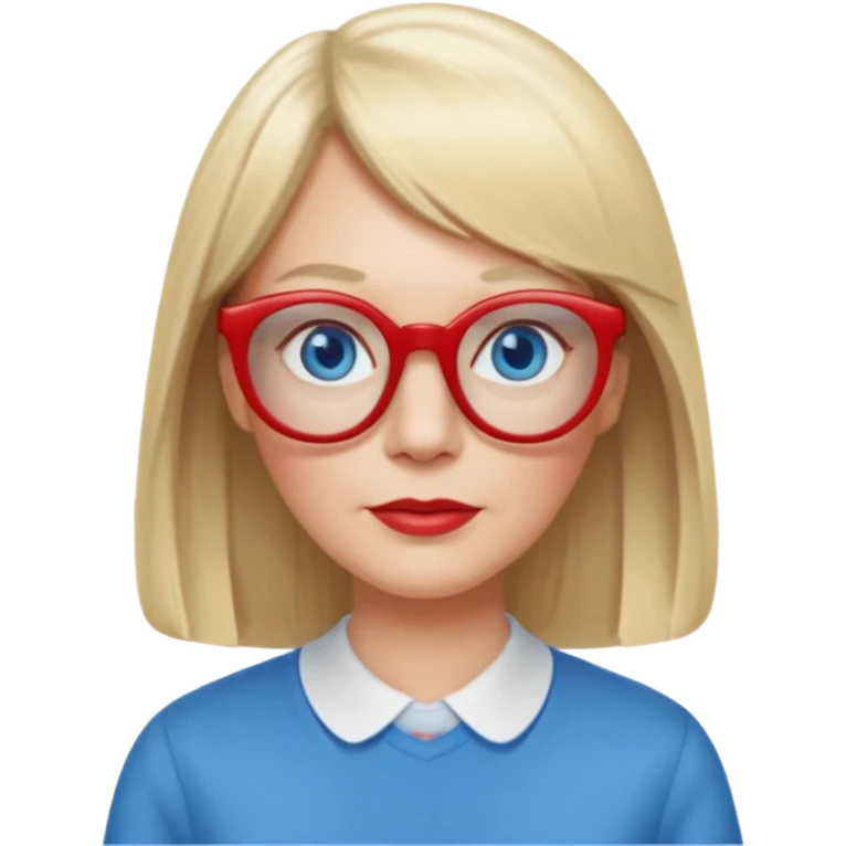 50 yr old white woman, pale skin, long straight blond hair parted in center, blue eyes, bangs, clothes for school, big red glasses, oval face, long face emoji