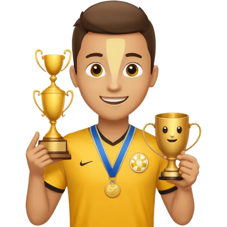 happy soccer player with a first-place medal and a trophy in yellow t-shirts emoji