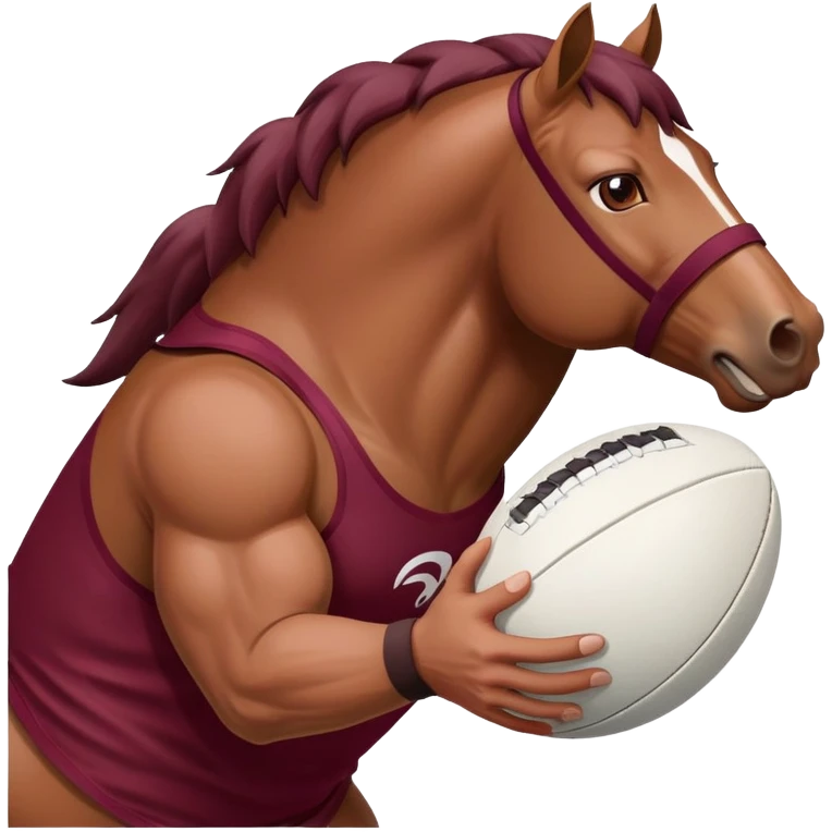 Angry horse holding  white rugby ball wearing maroon singlet emoji