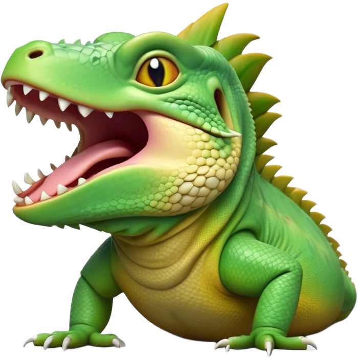 Cinematic Realistic Cute Yawning Iguana Portrait Emoji, Head tilted slightly with a dramatic, wide-open yawn, showcasing a soft, textured green-scaled face with gently drooping features and half-closed, drowsy amber eyes, rendered with natural detail and subtle shadows, high shine, relaxed yet expressive, styled with a dash of tropical charm, soft glowing outline, capturing the essence of a sleepy yet affectionate iguana that appears ready to stretch out and enjoy a peaceful nap! emoji