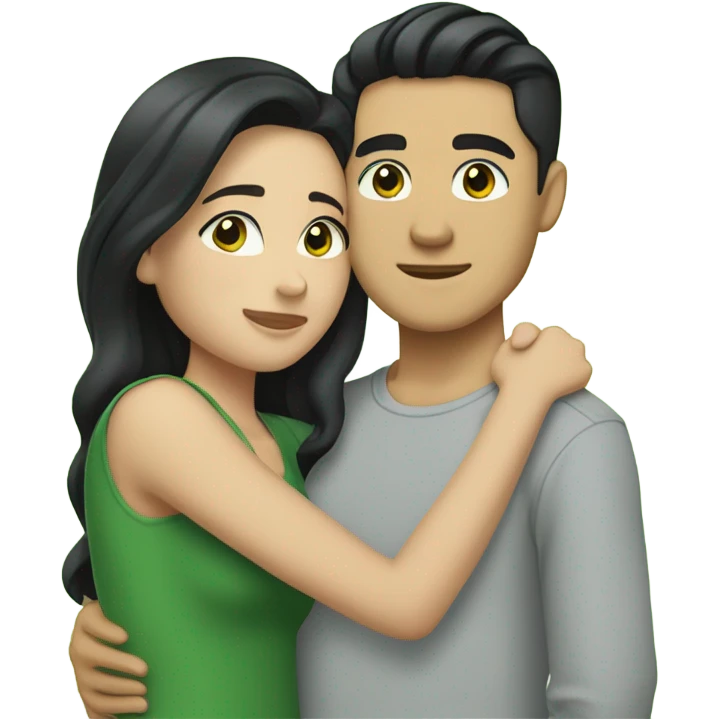 Light skin Asian male with straight black undercut hair and a white brunette female with green eyes and long wavy hair tightly hugging each other  emoji