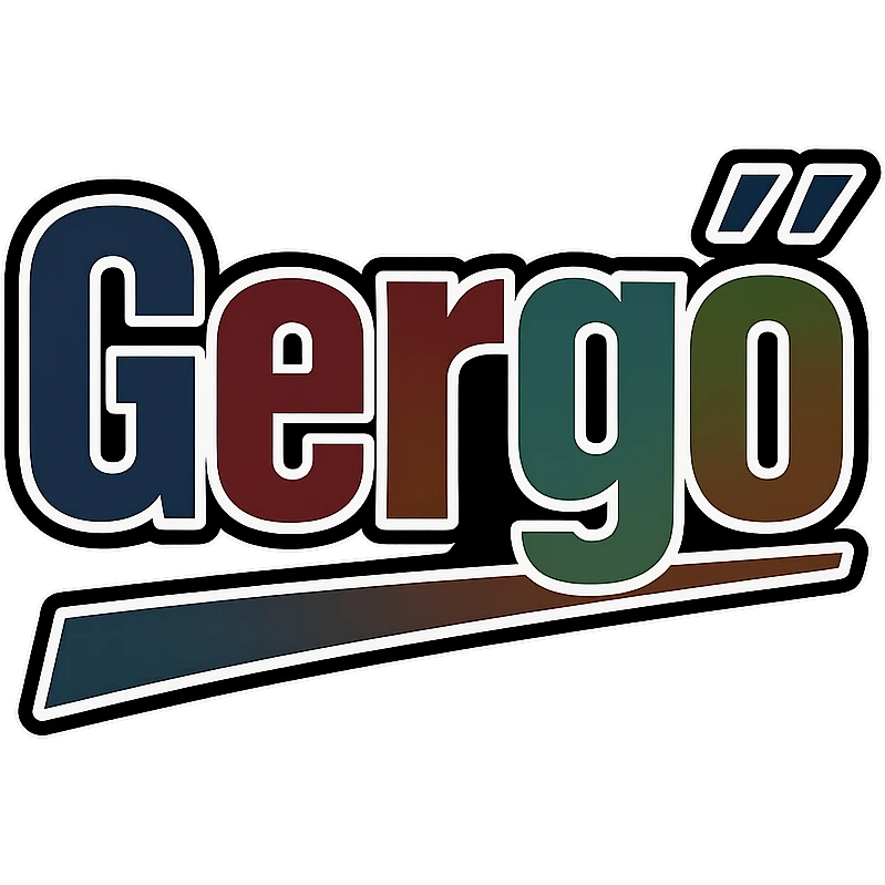 Gergő name in masculine, modern gradient font with precise Hungarian characters (long ő), dark outline, extra bold, prominent white letter border, dynamic slanted underline, masculine color gradient (blue, gray, burgundy, green, brown), 1000x1000 px, PNG, transparent background emoji