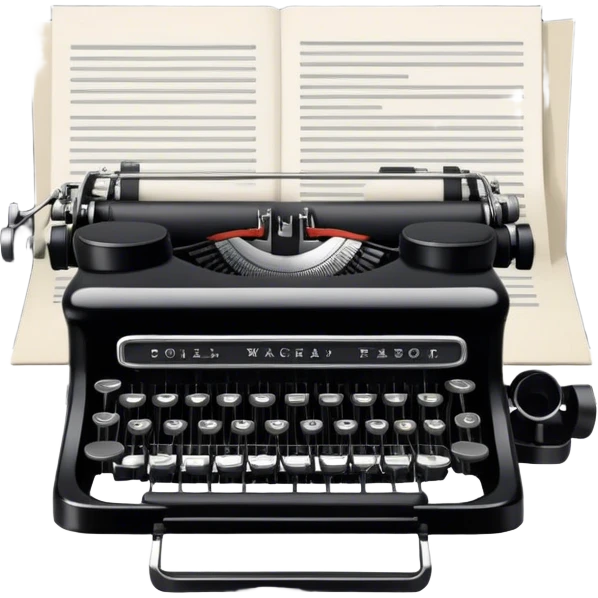 Create an emoji representing screenwriting. The design should feature an open script with visible dialogue and action lines, symbolizing the writing of a screenplay. Include a classic typewriter to signify the process of creating a script and a movie camera behind . Use a professional color palette with black, white, and subtle metallic tones. Do not include any emojis or smiley faces. Make the background transparent. emoji