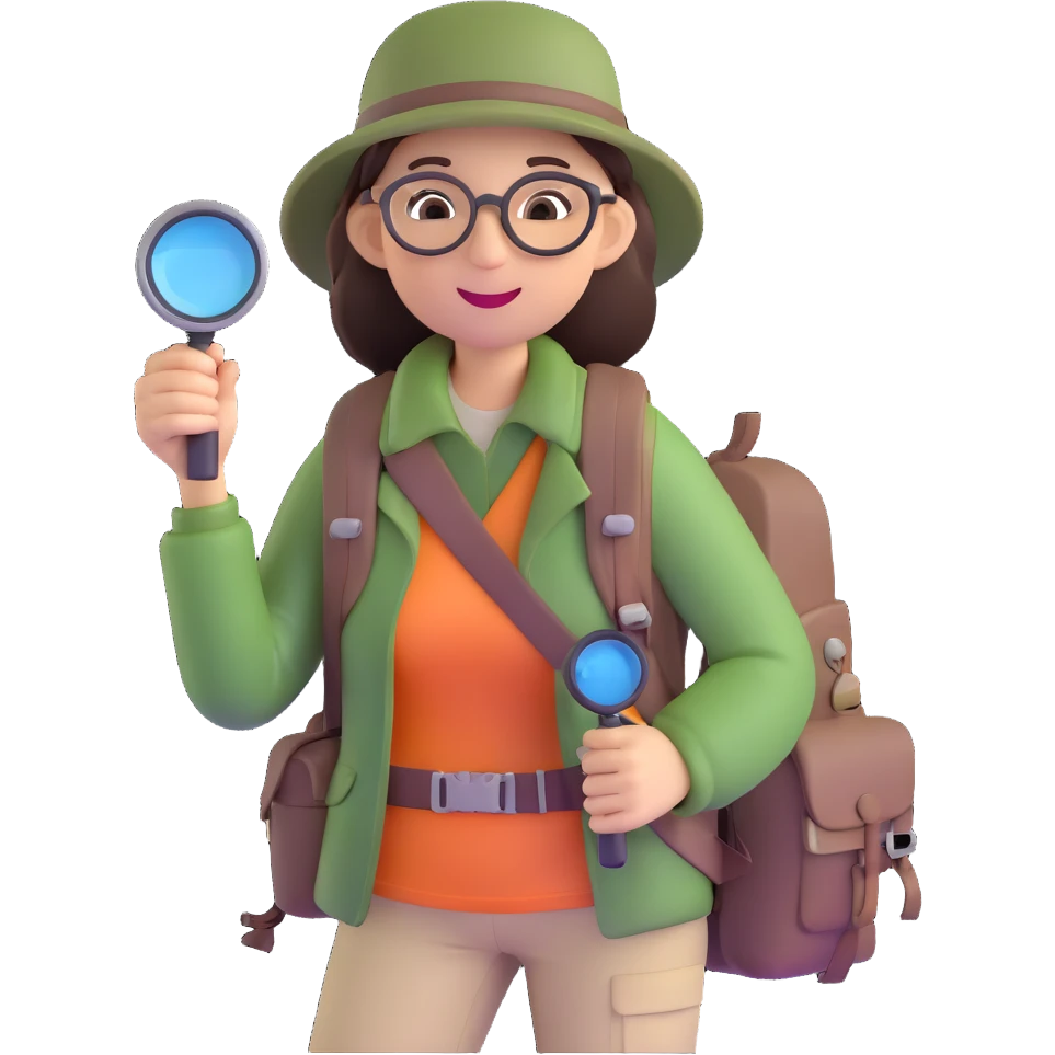 Happy female explorer with glasses, hiking outfit, backpack, holding a single magnifying glass emoji