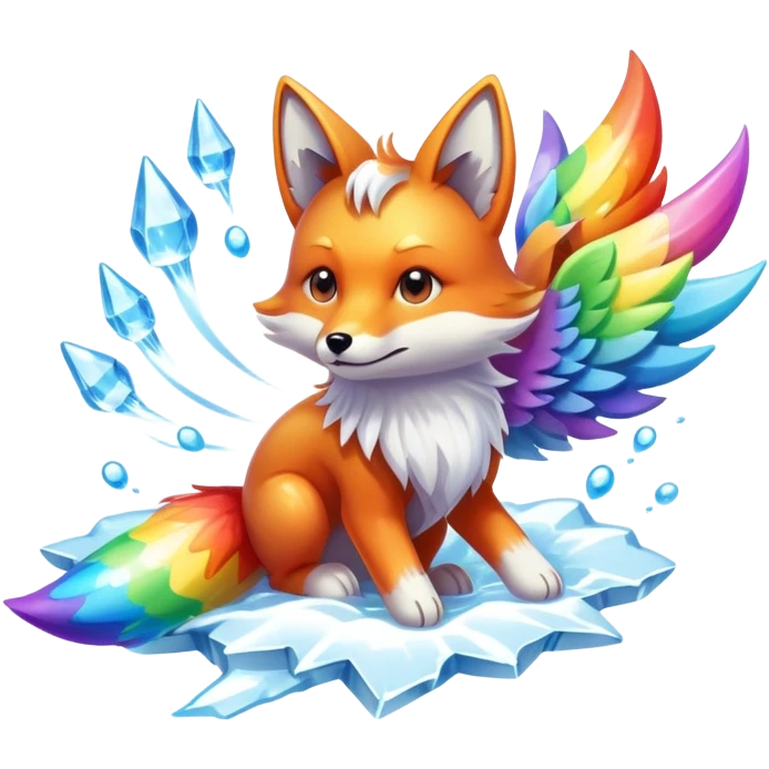A cloud-dwelling creature made of vapor and static electricity, shaped like a winged fox that leaves rainbow trails as it flies and can condense parts of itself into water or ice projectiles. emoji