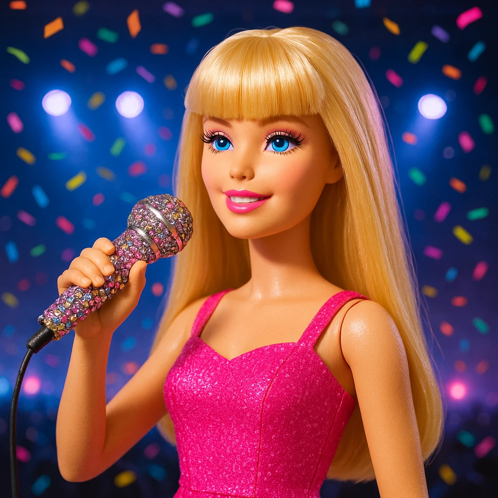 Pretty and girly Blonde pop star with bangs, holding a bedazzled microphone, reimagined as a Barbie doll, with a nighttime concert backdrop with colorful confetti emoji