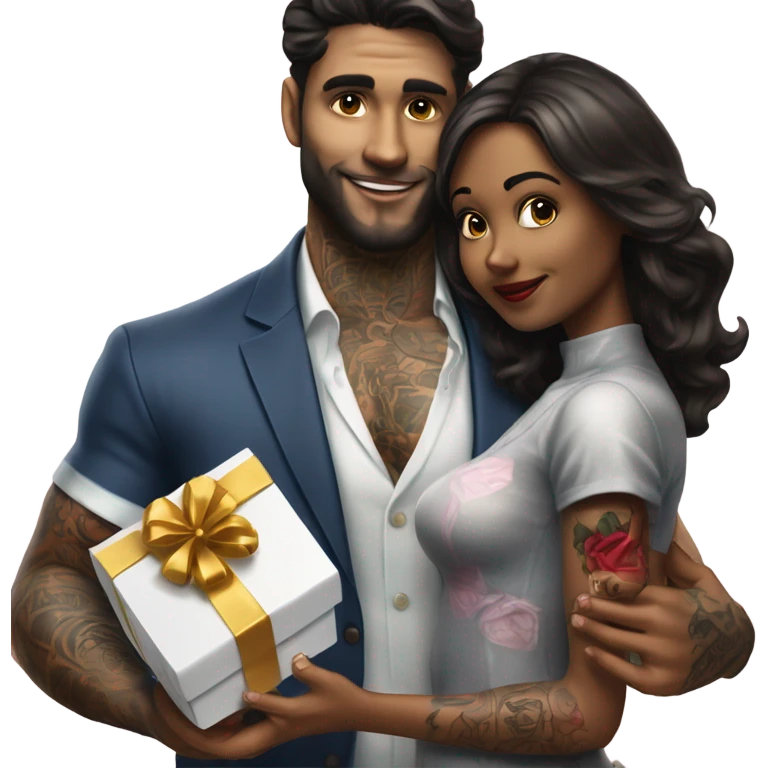 Hyper Realistic beautiful woman receiving a gift and a box of chocolates from a handsome tattooed man  emoji