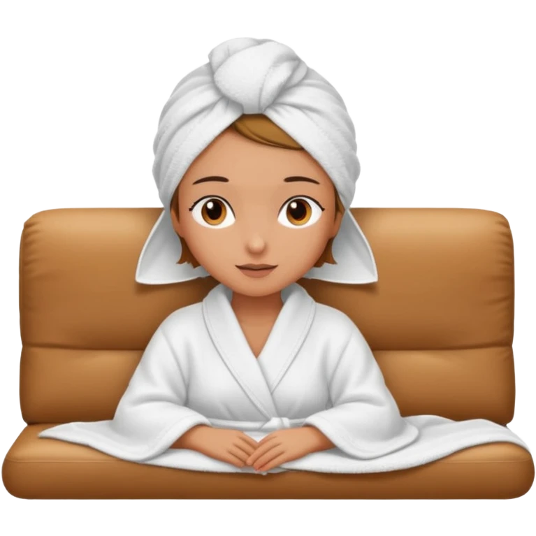 spa A contented and relaxed girl with a towel on her head in a white robe lies on a couch. The icon displays the couch and the girl in full three-quarter view. emoji