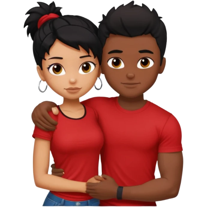 generate a pretty tan bratz boy hugging a fair black haired gf. The guy has black messy hair, lean but muscled and wearing a red tshirt emoji
