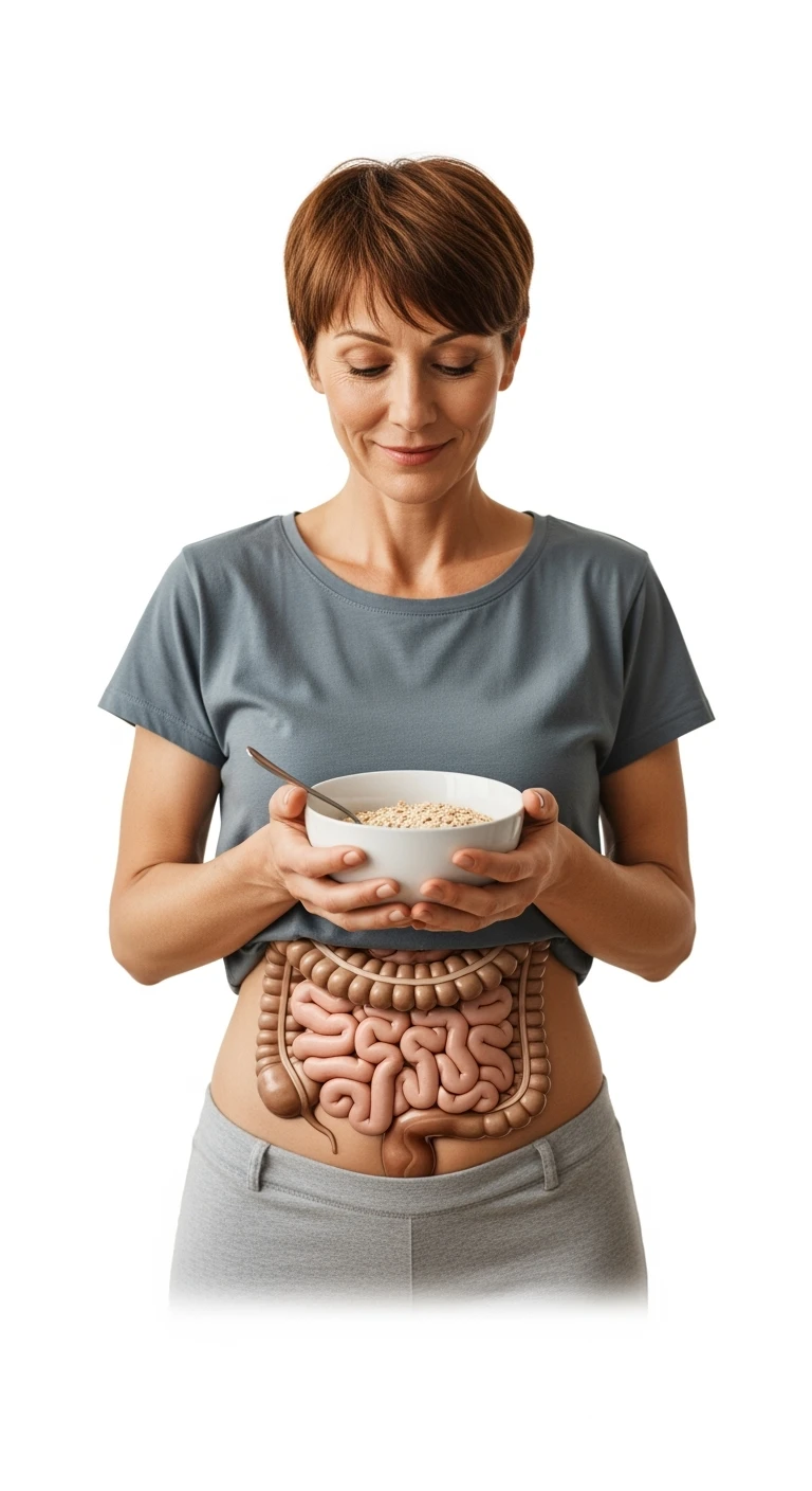 donna con bowl di avena in mano e intestino in evidenza, isolata su sfondo bianco emoji