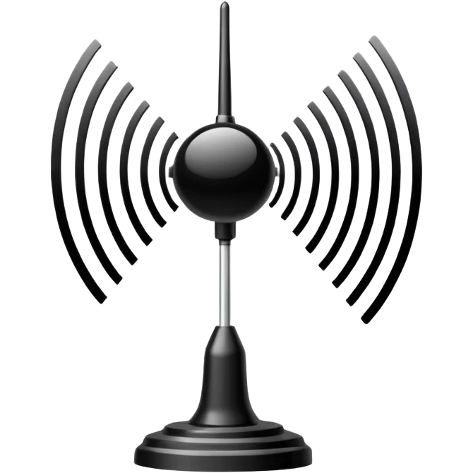 Minimalist emoji-style sticker of an old-school antenna with distorted, glitched signal waves. Clean icon style. emoji