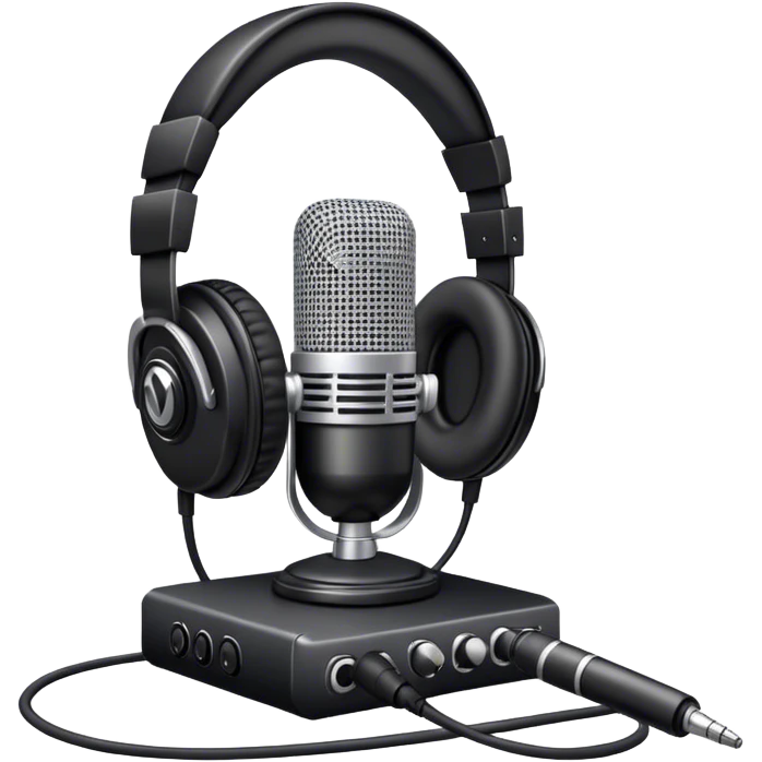 Create a sleek and professional emoji that represents voice acting and dubbing equipment. The design should feature a high-quality microphone, a sound mixer or audio interface, and headphones to symbolize the recording and technical process. Include elements like a soundproof booth or audio cables to reflect the studio environment. Use a modern, clean design with colors like silver, black, and dark blue to represent the professional side of voice acting. The background should be transparent. emoji
