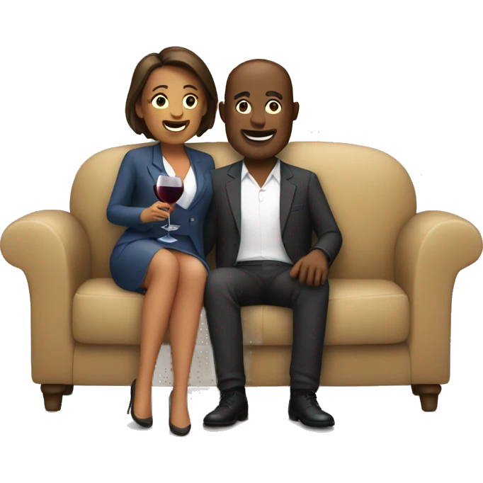 man and woman sitting on a couch drinking wine emoji