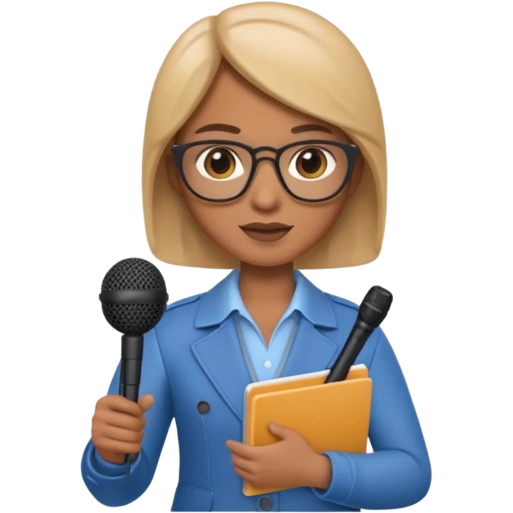 Apple Memoji-style 3D emoji of a journalist holding a microphone and notepad, smooth gradients, rounded shapes, no background. emoji