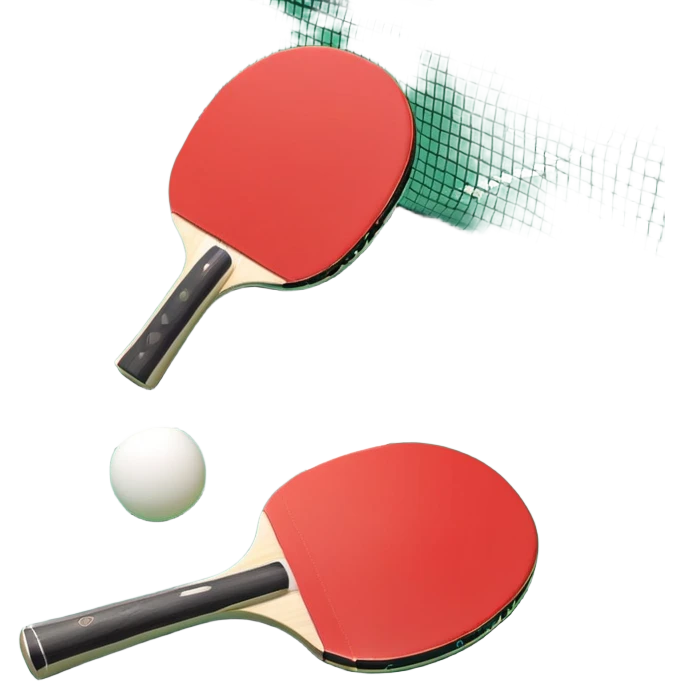 Two table tennis paddles and a ball placed on a ping pong table, with the net in the background. The scene conveys the simplicity and focus of the sport, with vibrant colors highlighting the rackets and ball on the smooth surface of the table. emoji