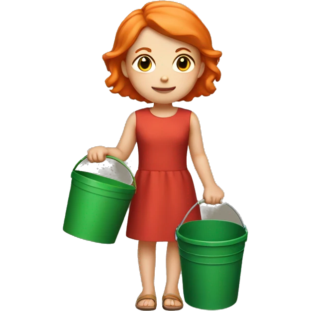 Small white skinned young girl with short orange hair wearing a red dress, standing holding a green bucket  emoji