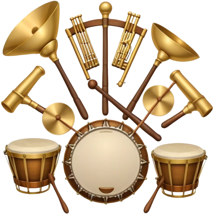 Create a heraldic, festive, and professional emblem-like emoji representing percussion instruments. The design should resemble a traditional crest, featuring a range of percussion instruments like cymbals, triangle, tambourine, maracas, timpani, and other traditional and folk percussion instruments. Arrange them symmetrically, with elements like cymbals crossing each other, a triangle at the center, and timpani or drums flanking the sides. The instruments should be depicted with metallic and wooden tones—shiny brass for cymbals, silver for the triangle, and rich wood or polished bronze for drums. Include ornate details like engraved patterns on the instruments, decorative swirls or laurels, and subtle accents to add elegance and festivity to the composition. The overall design should be cohesive, balanced, and visually striking, suitable for use as a prestigious emblem. The background should be transparent. emoji