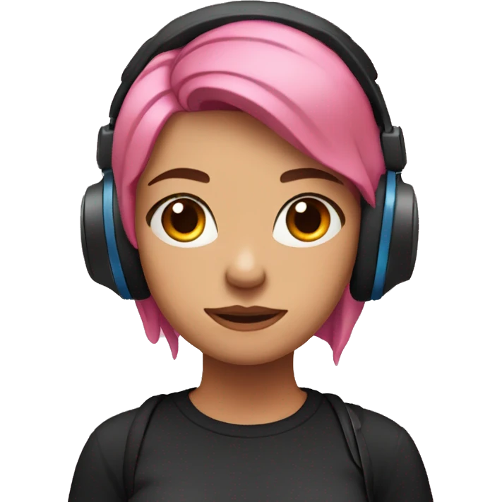 woman, pink hair, blue eyes, headphones, black shirt, frowning emoji