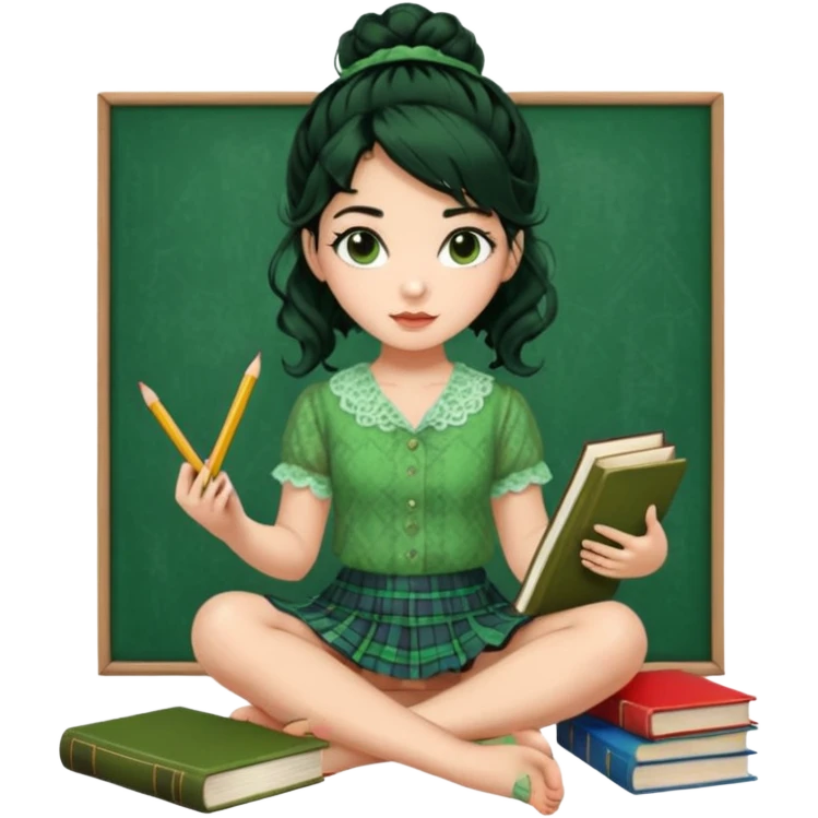 A beautiful girl wears a green lace blouse with short sleeves and a green lace skirt with a plaid pattern. Her long, curly black hair is styled in a messy bun. She holds books and crayons in her hands, and she is barefoot, sitting cross-legged on the floor. The illustration style is pop art. emoji