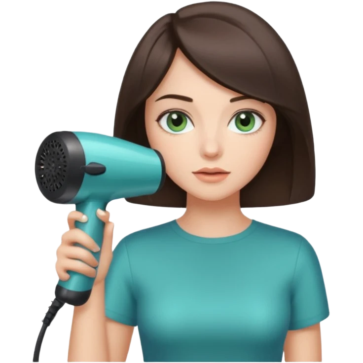 brunette bob girl hair stylist with blue green eyes holding a hair dryer emoji