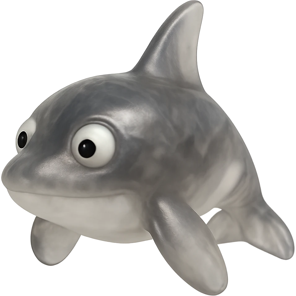 Make the orca even more transparent and slightly see-through, keeping the natural black and white colors, in a retro 90's toy style with derpy eyes, soft plastic texture, soft reflections, soft and squishy appearance, some cloudiness, not shiny, highly detailed and appealing. Remove any tags and background. emoji