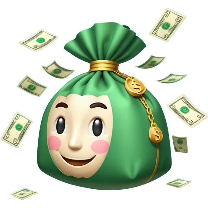 

3D emoji style, big bag of money, flying dollar bills, rich casino vibe, smooth lighting, high detail, clean edges, transparent background



 emoji