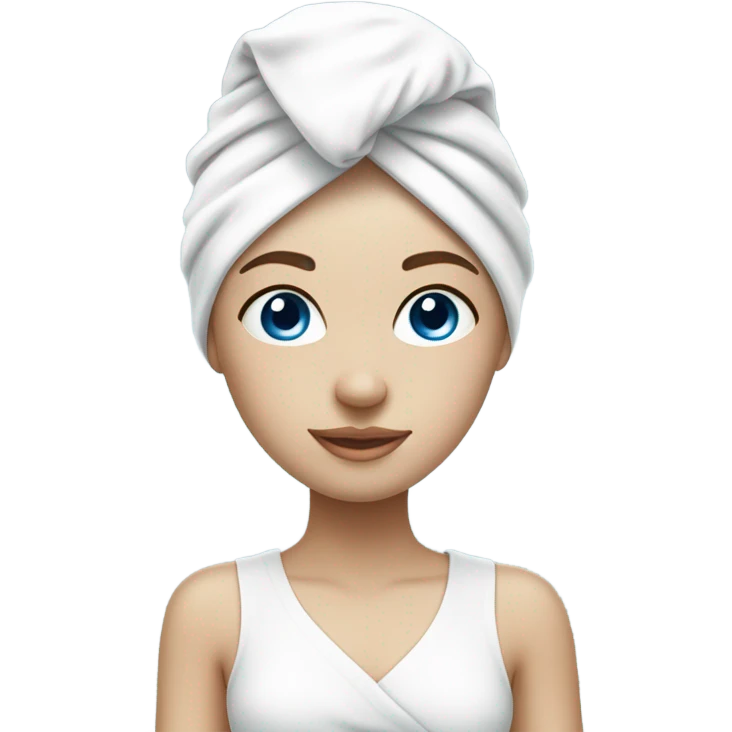 fair skinned girl white towel on head and skin care mask on face blue eyes emoji