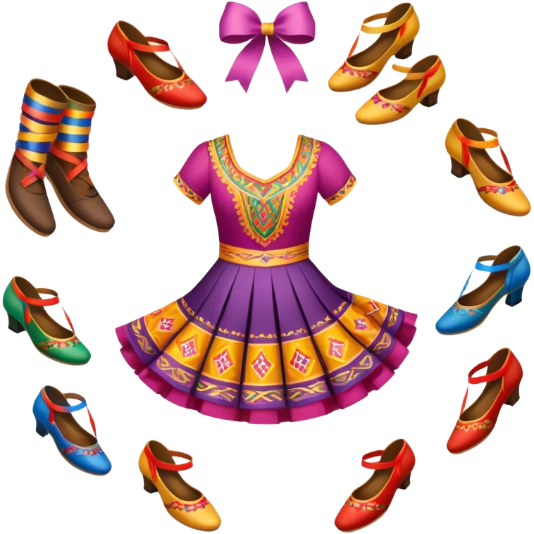 Icon for Folk Dance: close-up traditional dance dress, shoes, colorful folk costumes and a dance circle with ribbons. The icon should represent the vibrant and cultural aspects of folk dancing. Transparent background. emoji