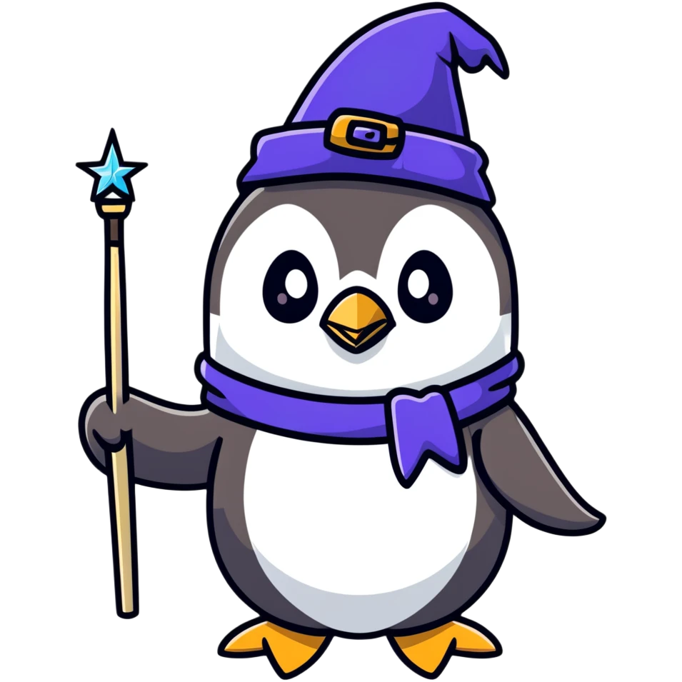 penguin wizard with magic wand and wizard hat emoji