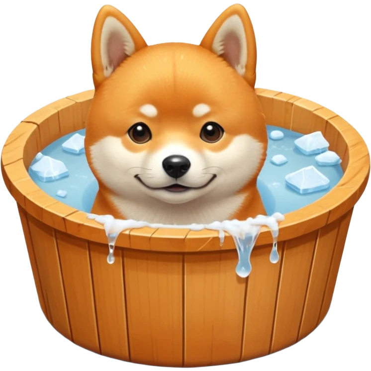 ice bath with a dog in id from wood round. write ice bath  on the ice bath and make it high quality. the dog is a shiba inu. the ice bath has a lot of ice and on the floor emoji