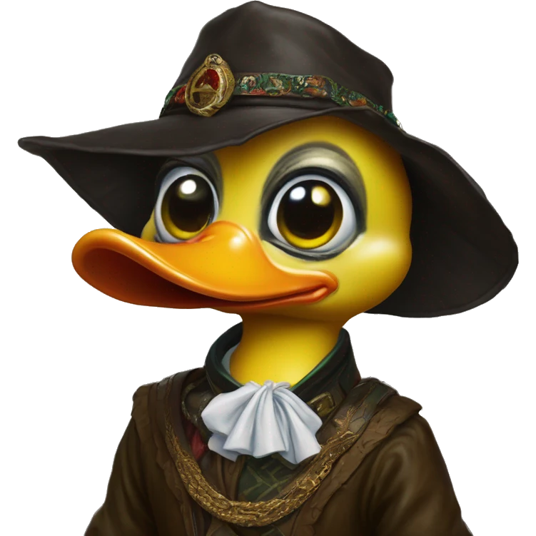Warcraft Rubberduck in Gucci style, oil paint, mysterious eyes, intricate lips, masterpiece portrait , odd perspective, beautiful, desirable, logical emoji