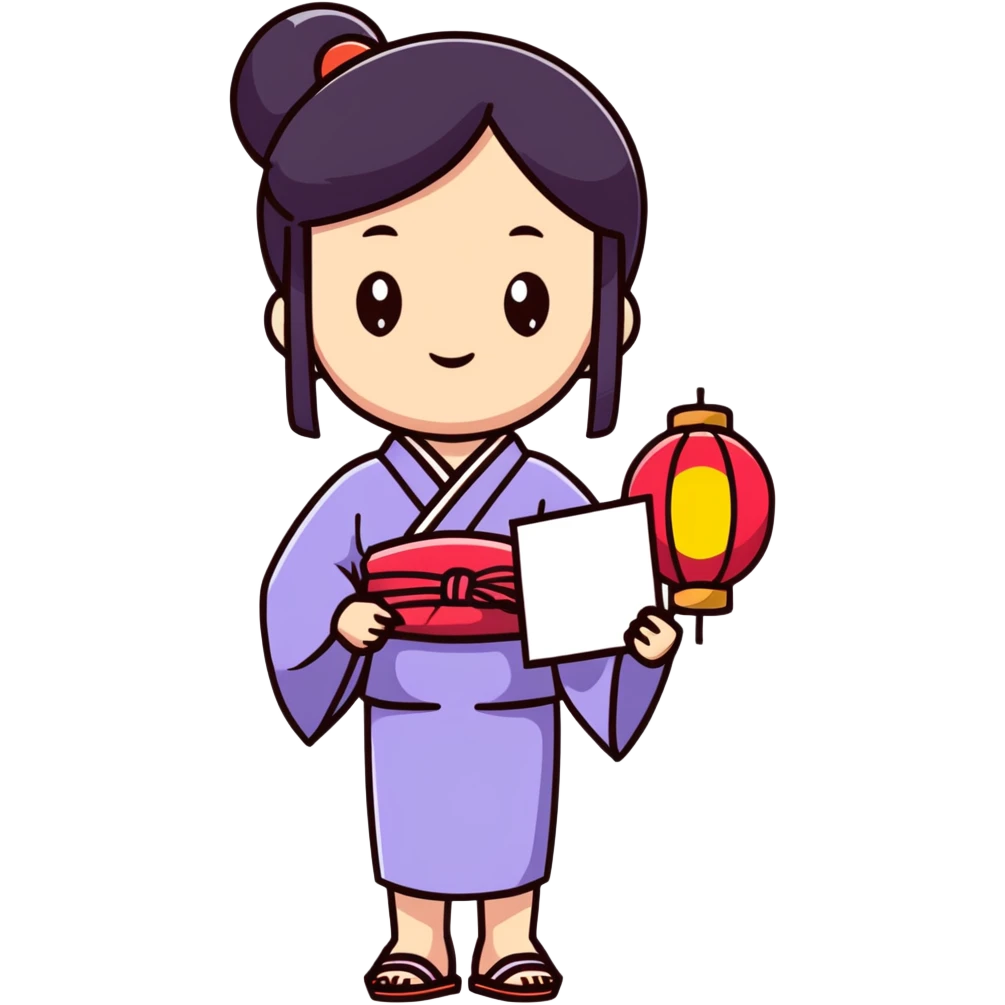 Cute Japanese high school girl in yukata at school summer festival with paper lanterns emoji