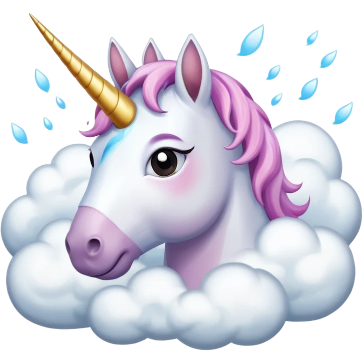 A unicorn flying through clouds, sad, cry tear from eyes, portrait, bust up emoji
