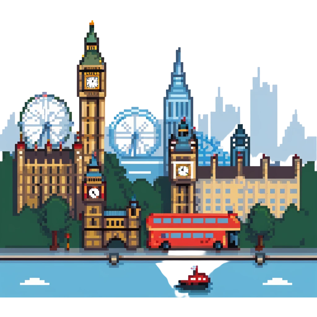 cityscape of London with iconic landmarks like Big Ben and the London Eye emoji