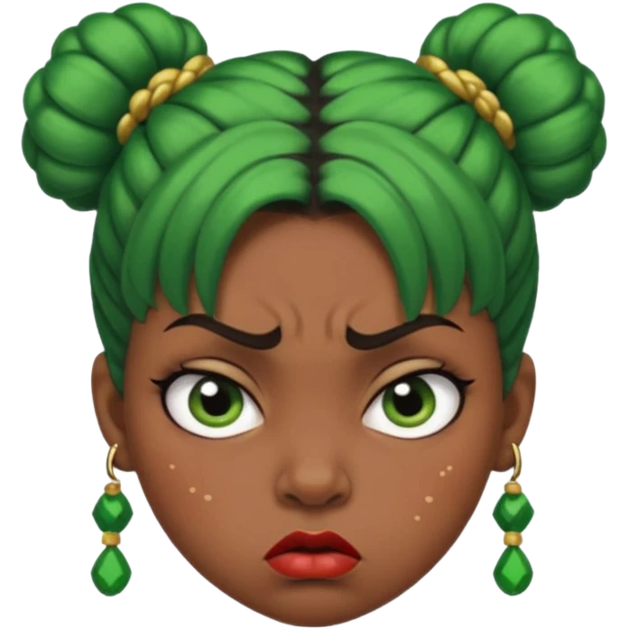 Create a 3D cartoon-style girl character with dark skin, round face, angry expression, big wide eyes, and tightly styled double buns made of green beaded hair. The girl should look irritated, eyebrows sharply angled, and lips pressed in a frown. emoji