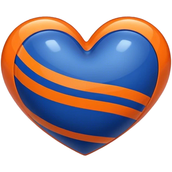Glossy, sporty dark blue heart with straight orange athletic stripes going down one side emoji