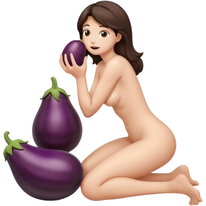 Женщина брюнетка полностью голая сосёт баклажан держа себя за жопу сидя на коленях  emoji