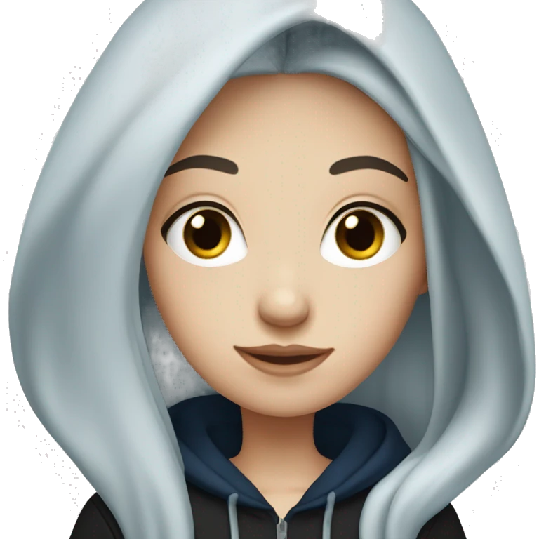 white girl with long straight dark blue hair wearing black hoodie emoji