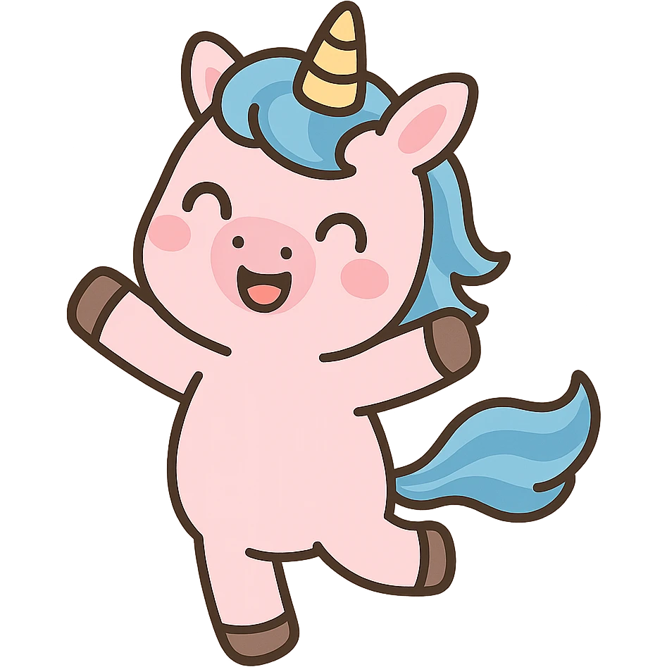 kawaii pink unicorn with blue hair, joyful pose emoji